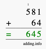 Calculate 581 + 64 using long addition