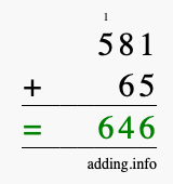 Calculate 581 + 65 using long addition