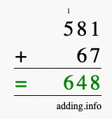 Calculate 581 + 67 using long addition