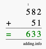 Calculate 582 + 51 using long addition