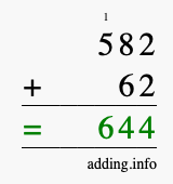 Calculate 582 + 62 using long addition