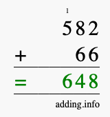 Calculate 582 + 66 using long addition
