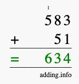 Calculate 583 + 51 using long addition