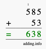 Calculate 585 + 53 using long addition
