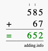 Calculate 585 + 67 using long addition