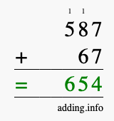 Calculate 587 + 67 using long addition