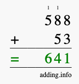 Calculate 588 + 53 using long addition