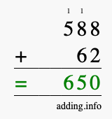 Calculate 588 + 62 using long addition