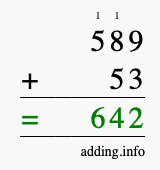 Calculate 589 + 53 using long addition