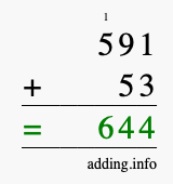 Calculate 591 + 53 using long addition