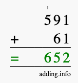 Calculate 591 + 61 using long addition