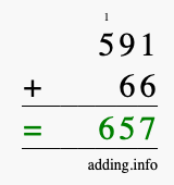 Calculate 591 + 66 using long addition
