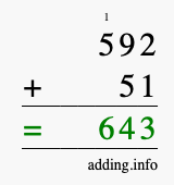 Calculate 592 + 51 using long addition