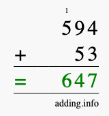 Calculate 594 + 53 using long addition