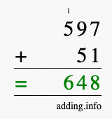 Calculate 597 + 51 using long addition