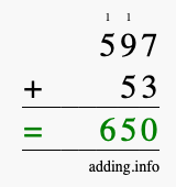 Calculate 597 + 53 using long addition