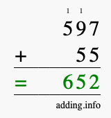 Calculate 597 + 55 using long addition