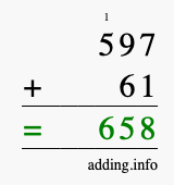 Calculate 597 + 61 using long addition