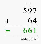 Calculate 597 + 64 using long addition