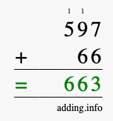 Calculate 597 + 66 using long addition
