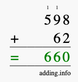 Calculate 598 + 62 using long addition