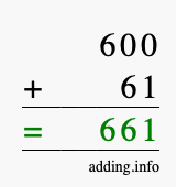 Calculate 600 + 61 using long addition