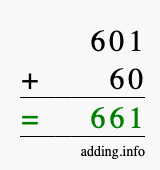 Calculate 601 + 60 using long addition