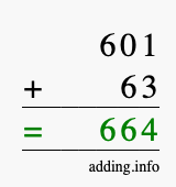 Calculate 601 + 63 using long addition