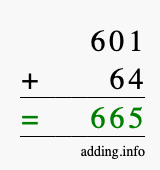 Calculate 601 + 64 using long addition