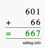 Calculate 601 + 66 using long addition