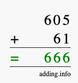 Calculate 605 + 61 using long addition