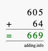 Calculate 605 + 64 using long addition