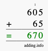 Calculate 605 + 65 using long addition