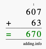 Calculate 607 + 63 using long addition