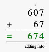 Calculate 607 + 67 using long addition