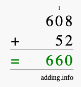 Calculate 608 + 52 using long addition