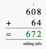 Calculate 608 + 64 using long addition