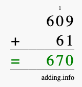 Calculate 609 + 61 using long addition