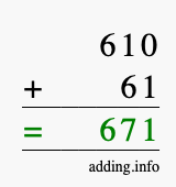 Calculate 610 + 61 using long addition