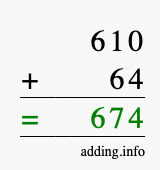 Calculate 610 + 64 using long addition