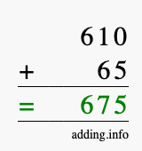 Calculate 610 + 65 using long addition