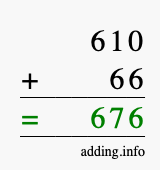 Calculate 610 + 66 using long addition