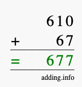 Calculate 610 + 67 using long addition