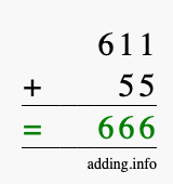 Calculate 611 + 55 using long addition