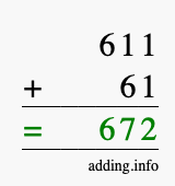 Calculate 611 + 61 using long addition