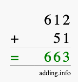 Calculate 612 + 51 using long addition
