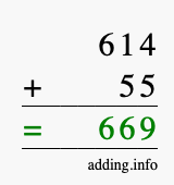 Calculate 614 + 55 using long addition
