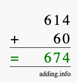 Calculate 614 + 60 using long addition