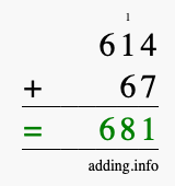 Calculate 614 + 67 using long addition