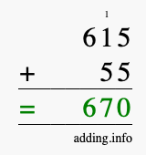 Calculate 615 + 55 using long addition